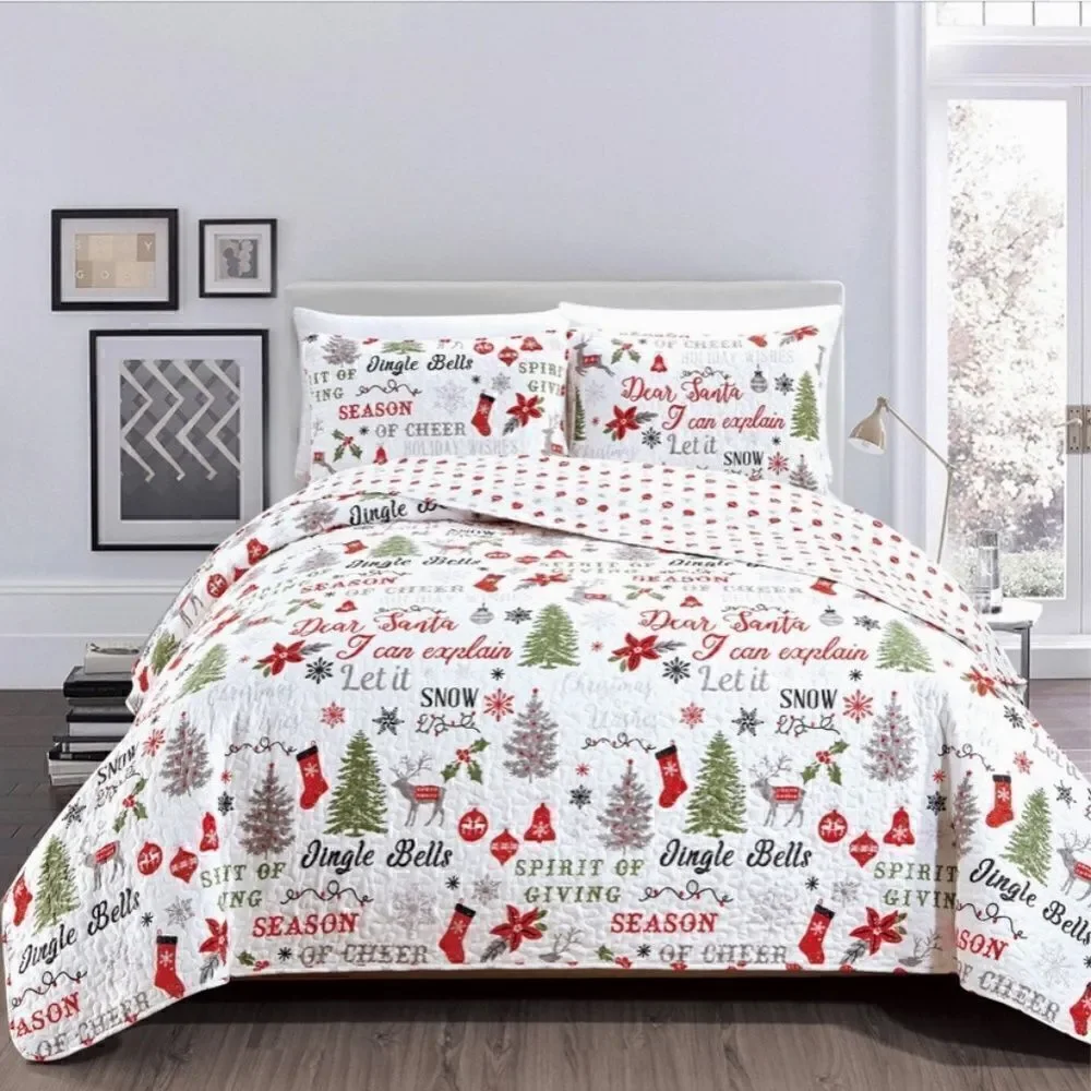 Farmhouse Christmas Carol Printed Quilted Bed Set Holiday Cheer Tis the Season